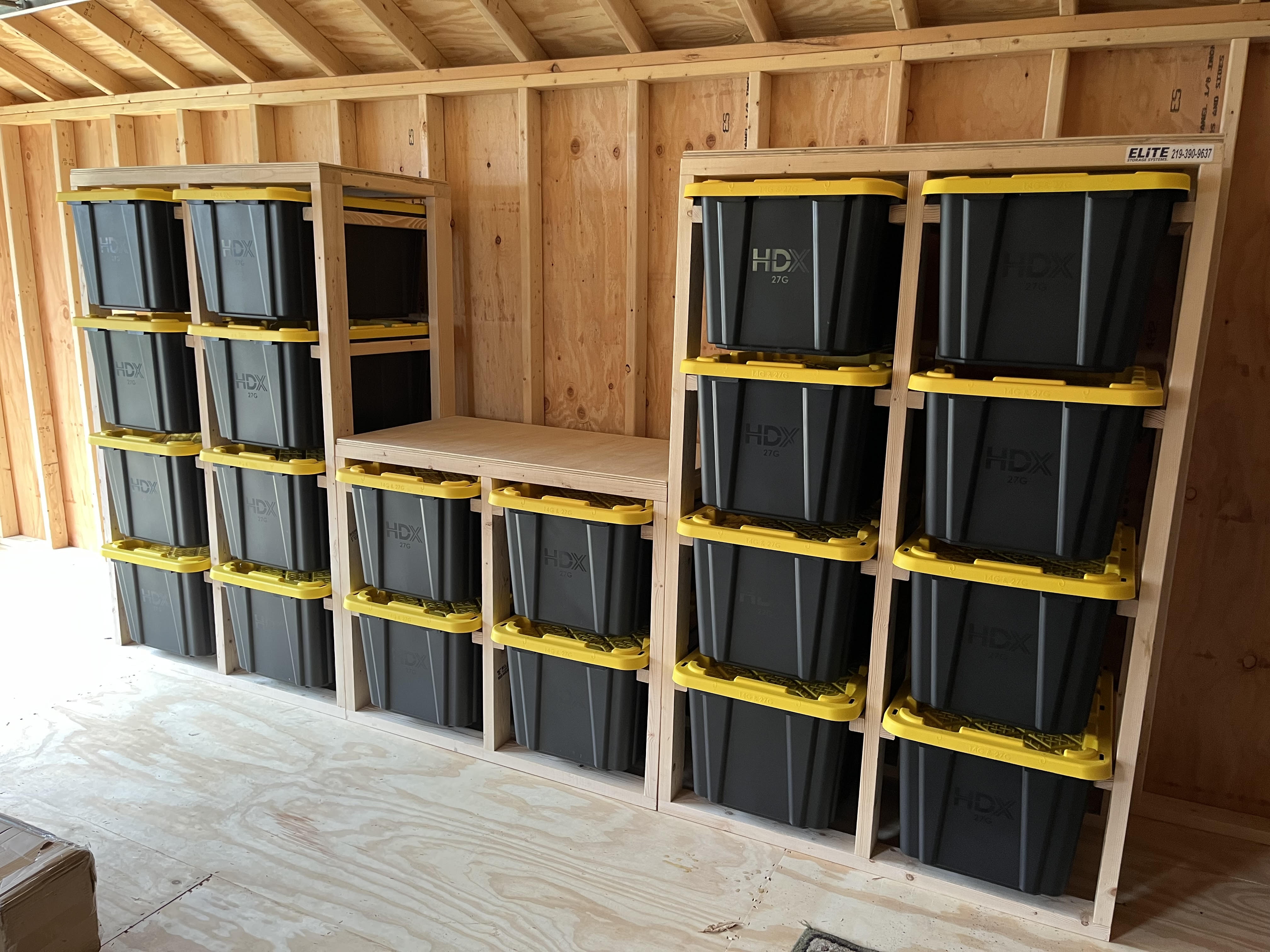Storage system installed in shed with HDX totes