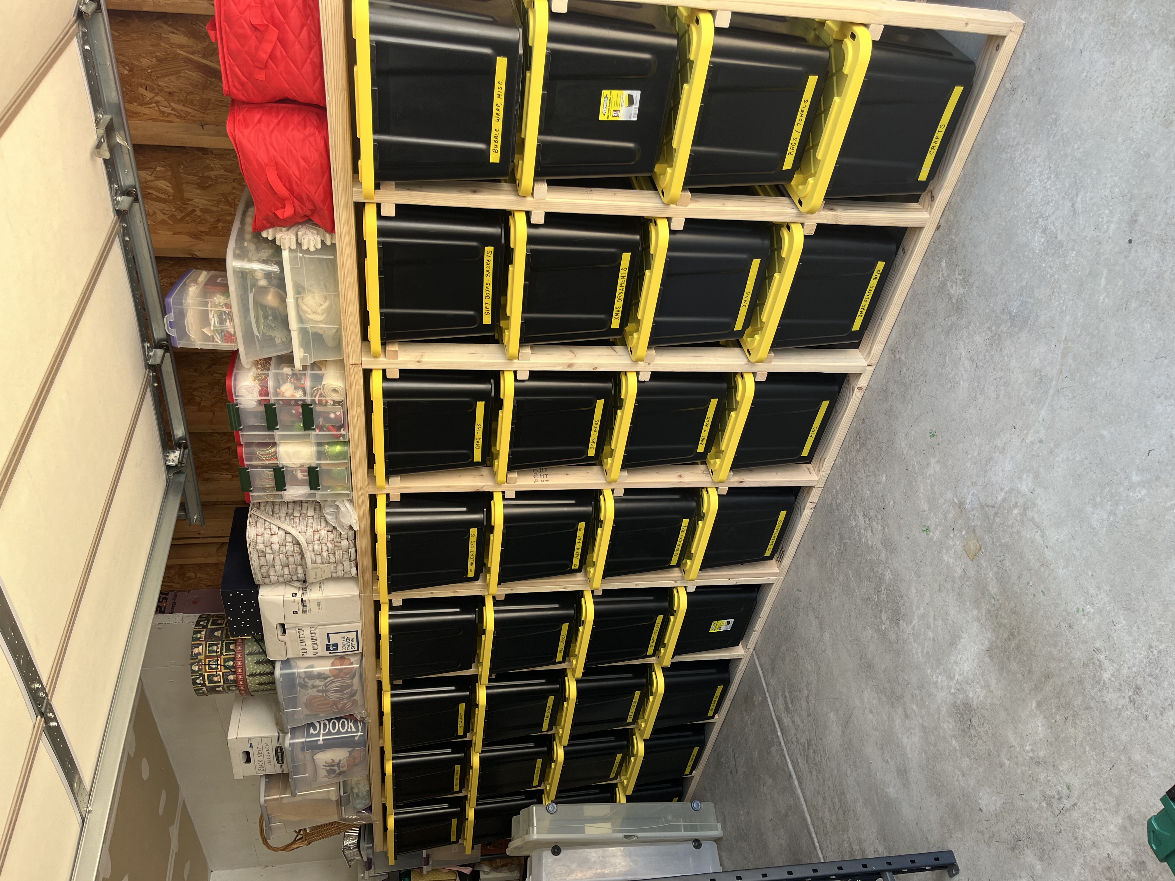 Large garage storage system with labeled totes